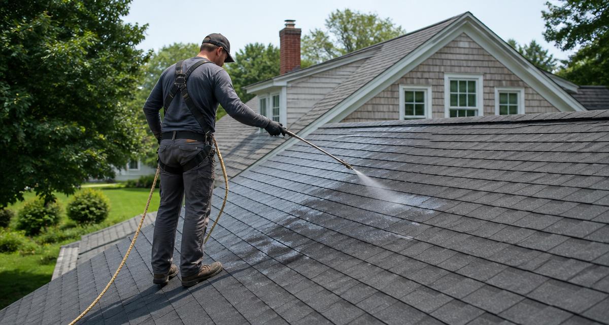 Roof rejuvenation treatment being applied to asphalt shingles